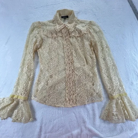 Vintage Womens Victorian Lace Button Up Top Sz S Coquette Bell Sleeve Ivory Y2K - Picture 5 of 12